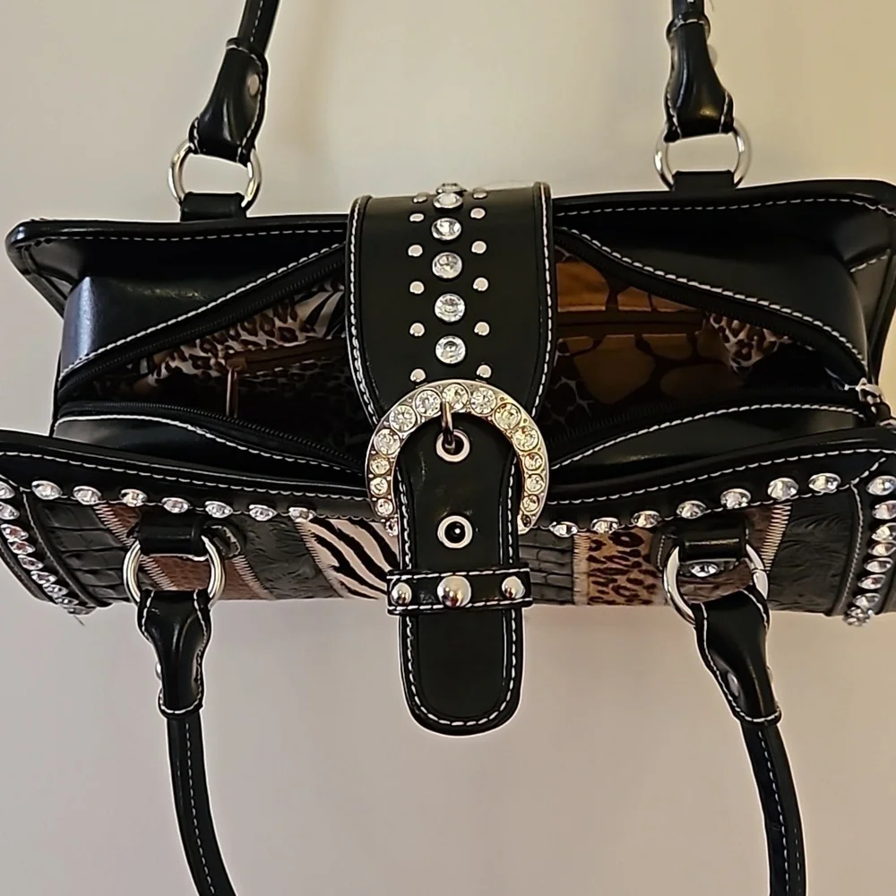 Vintage 1990s Mixed Animal Print Rhinestone Buckle Leather Baguette Satchel Bag